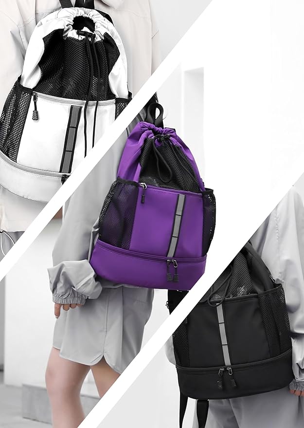 U.helper Waterproof Gym Drawstring Backpack, Sports Sack with Shoes Compartment & Wet Pockets for Ball/Beach/Swim Training (Purple)