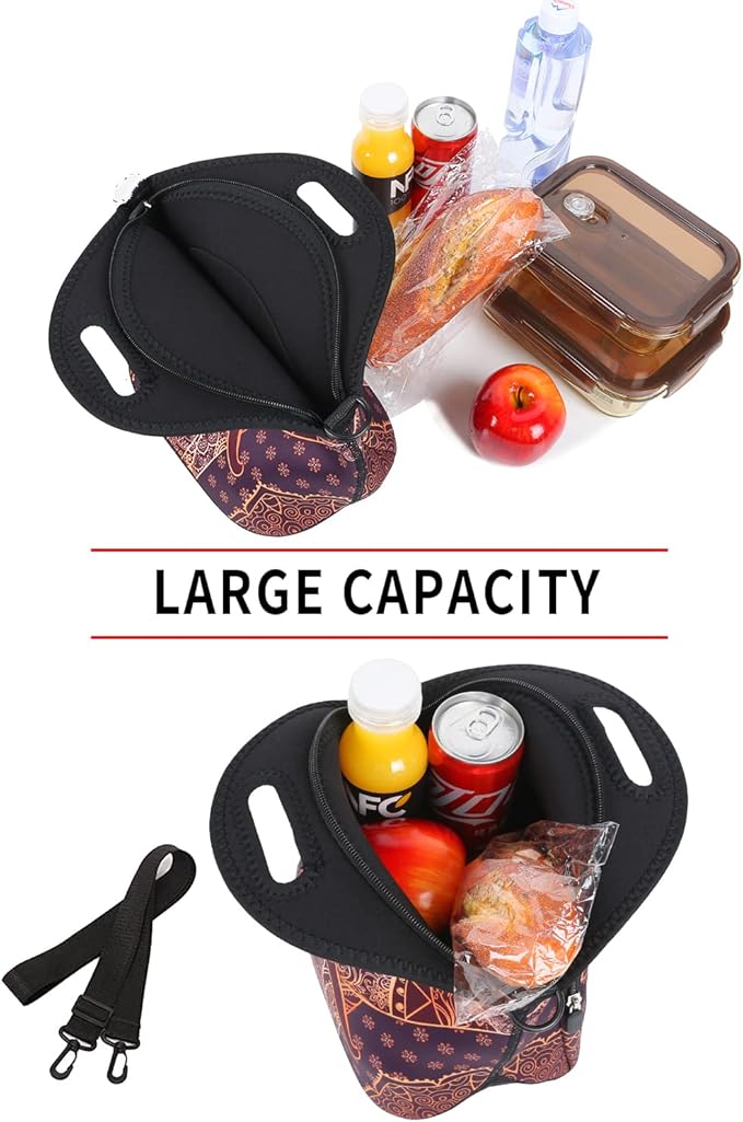 Violet Mist Neoprene Thermal Insulated Lunch Bag Cute Animal Lunch Bag Tote with Extra Pocket Detachable Adjustable Shoulder Lunchbox Food Handbags Picnic Work Gifts for Women men, Retro Elephant 2