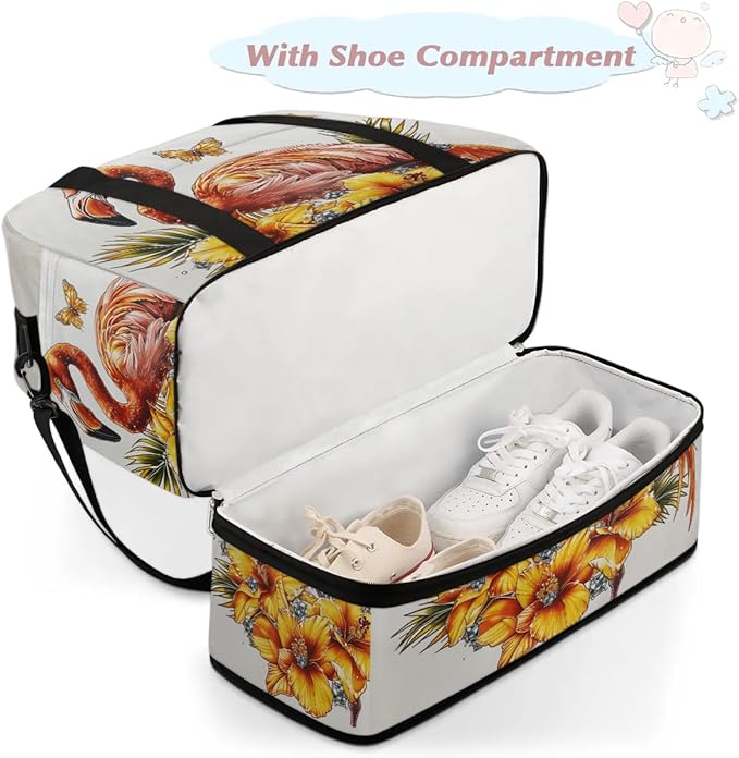 cfpolar Woman Travel Duffel Bag Vintage Flamingo Butterfly Foldable Tote Carry On Luggage Sports Gym Bag With Shoe Compartment Overnight Weekend Yoga Workout Bag Training Handbag