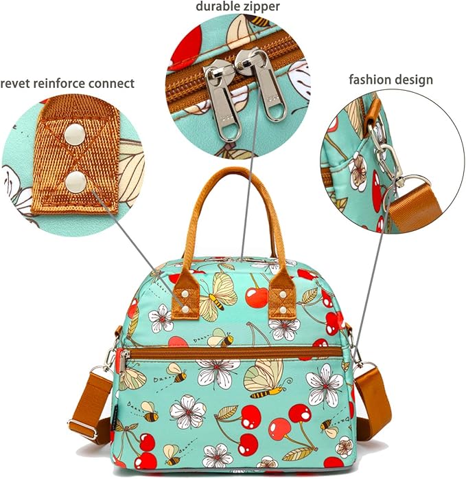 FlowFly Insulated Lunch Bag With Shoulder Strap for Women, Men, and Kids, Large and Reusable, Handle, Freezable Work and School Travel Tote and Meal Prep Organizer,Turquoise Cherry