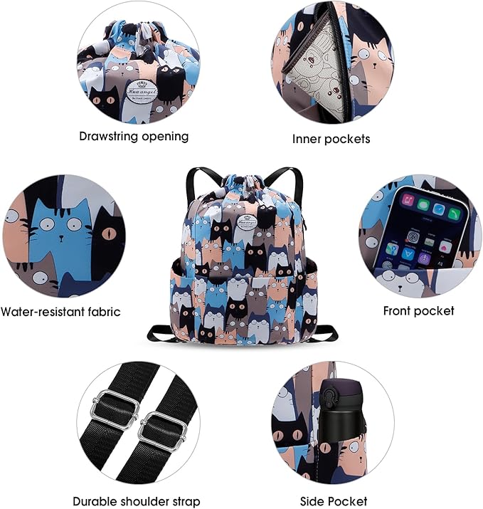 HUA ANGEL Floral Print Drawstring Bag - Lightweight Waterproof Cinch Sackpack with Side Pocket for Men & Women Travel Gym Bag