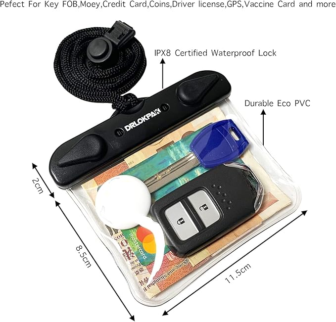 DRLOKPAK Submersible Waterproof Wallet Surf Dry Car Key FOB Case Bag 2Pack Waterproof Pouch Holder For Key Credit Door Ship Card Cash ID Driver Fishing Hunting License(Clear＋Clear