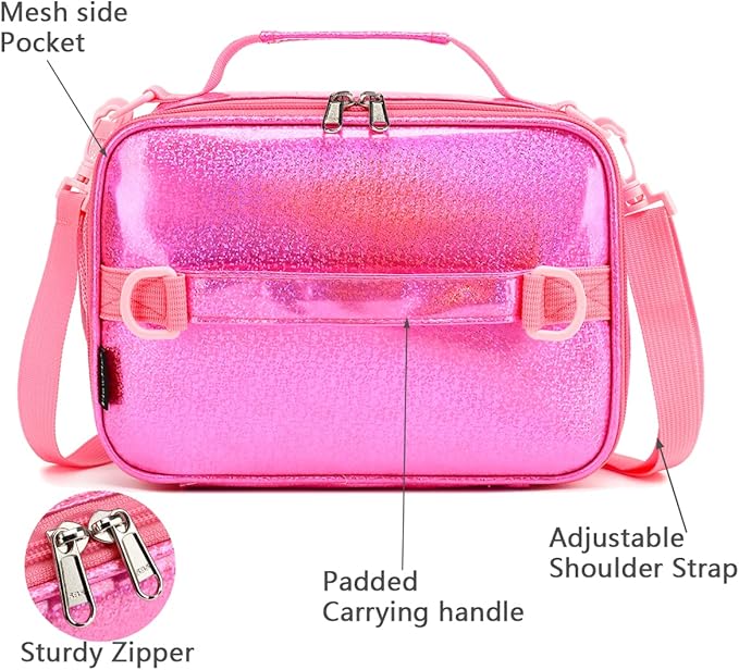 FlowFly Kids Lunch Bag, Durable Insulated School Lunch Box with Shoulder Strap and Bottle Holder, Water-resistant Thermal Small Lunch Cooler Tote for Teen Boys & Girls,Pink#PU