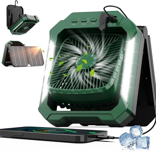 26800mAh Portable Camping fan Rechargeable, 2-in-1 Battery Powered Solar Fan with Detachable Solar Panel, 270° Rotation Personal USB Desk Fan with 3 Speed/Timer/LED Light/Hanging Hook for Outdoor