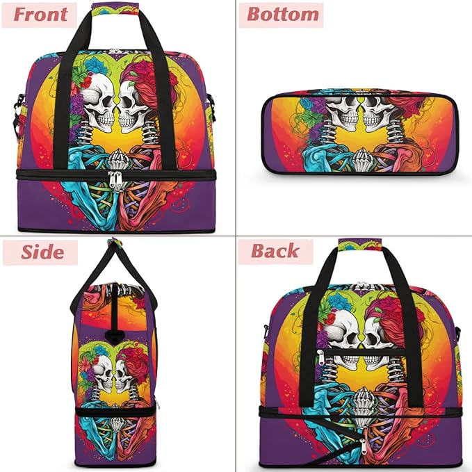 cfpolar Woman Travel Duffel Bag Heart Skull Foldable Tote Carry On Luggage Sports Gym Bag With Shoe Compartment Overnight Weekend Yoga Workout Bag Training Handbag