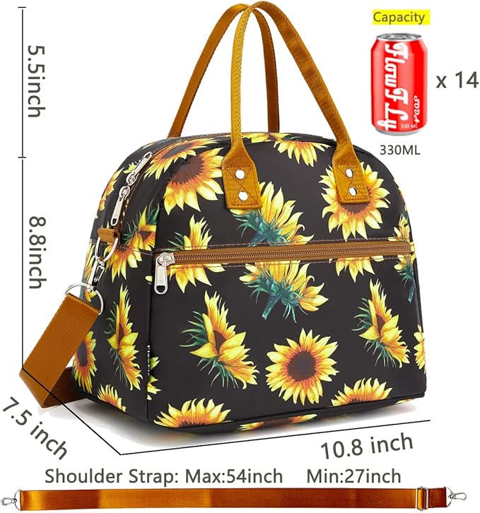 FlowFly Insulated Lunch Bag With Shoulder Strap for Women, Men, and Kids, Large and Reusable, Handle, Freezable Work and School Travel Tote and Meal Prep Organizer,Sunflower