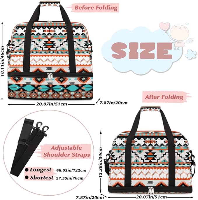 Ethnic Aztec Geometric Foldable Travel Duffel Bag Sports Tote Gym Bag With Shoe Compartment For Woman Man Carry On Luggage Overnight Travel Weekend Yoga Workout Bag Training Handbag