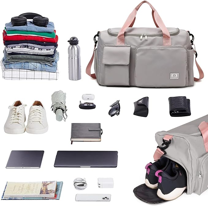 Travel Duffel Tote Bag with Dry Wet Separation Pocket, Weekender Bag for Women and Men，Waterproof Bag with Shoe Compartment Lightweight and Easy Carry on Grey