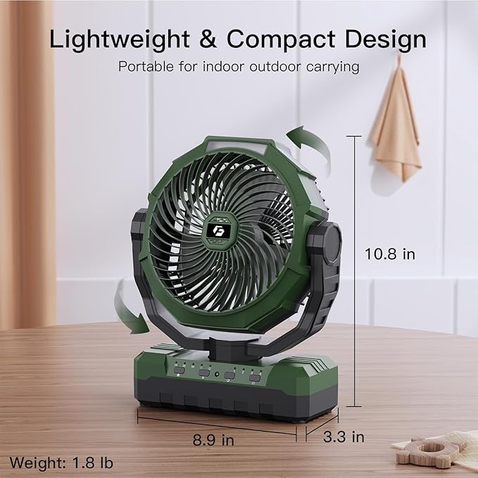 FRIZCOL 3-in-1 Camping Fan - Portable Fans Rechargeable - 12000mAh Battery Powered Fan(70Hrs) with Light & Remote for Indoor, Outdoor, Tent, Travel, BBQ, Fishing, Jobsite - Green