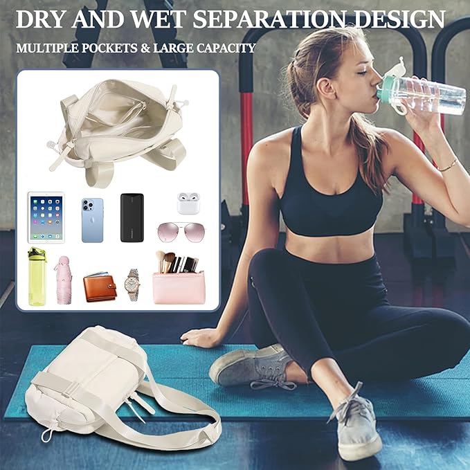 Mini Gym Bag for Women & Girls with Wet Compartment Small Gym Tote Bag Waterproof Travel Duffle Bag Cute Workout Sports Bag, Beige