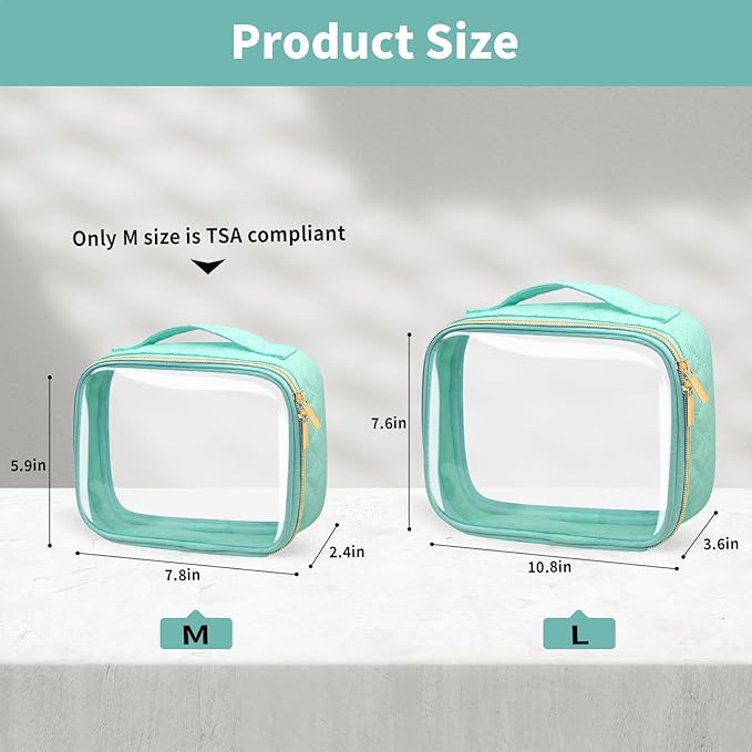 TSA Approved Travel Toiletry Bag,2 Pack Clear Makeup Bags with Handles,Quart Size Clear Cosmetic Bags for Traveling Women,Men,Carry on Airport Airline Compliant Bag,Green