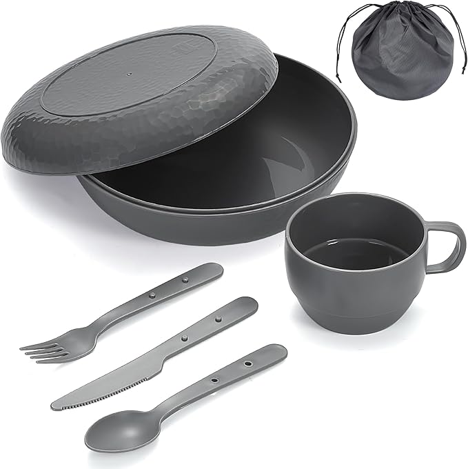 Berglander Camping Mess Kit with Bowl, Plate, Cup, Spoon, Fork, Knife and Carry Bag, Plastic Camping Accessories Essentials Gear for Travel, Camping, Picnic, Outdoor, Easy to Carry & Store