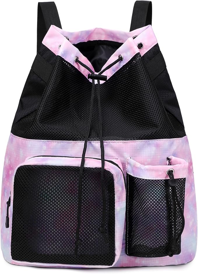 Lohol Large Mesh Drawstring Backpack with Shoe Bag, Durable Swimming String Sack with Handle for Sports Gym Yoga Beach Travel