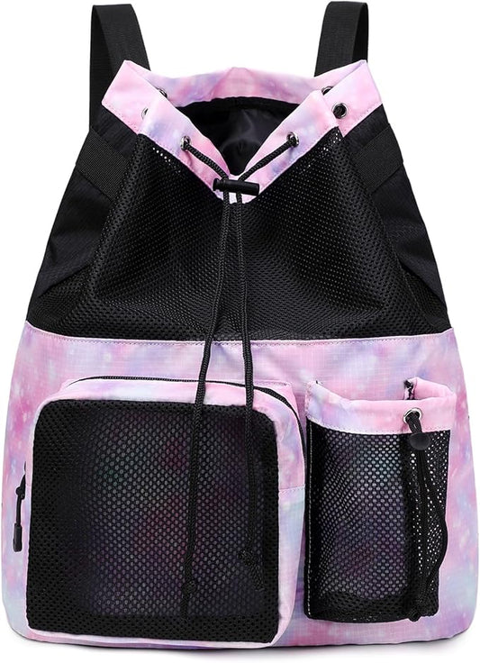 Lohol Large Mesh Drawstring Backpack with Shoe Bag, Durable Swimming String Sack with Handle for Sports Gym Yoga Beach Travel