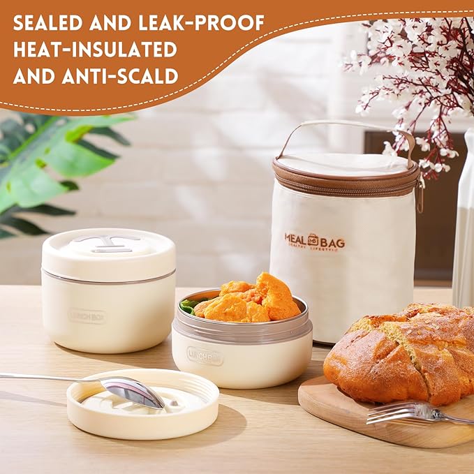 Dandat 2 Pcs Insulated Lunch Containers Thermal Bento Box with Bag Fork Knife Microwavable Stainless Steel Lunch Box 15.2 oz 21 oz Separate Stackable Thermal Food Jar for Adult Men Women(Beige)