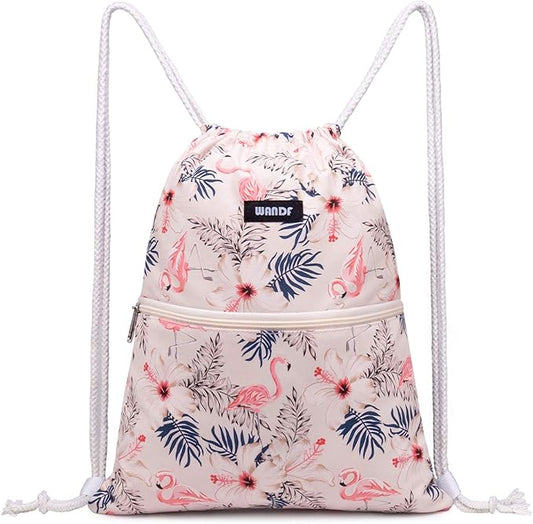 WANDF Drawstring Backpack String Bag Sackpack Cinch Water Resistant Nylon for Gym Shopping Sport Yoga (Flamingo)