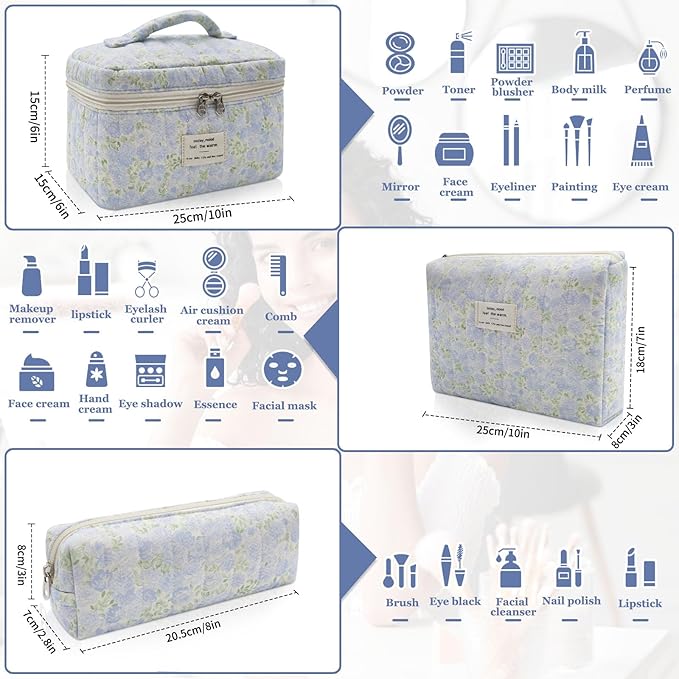 3pc Makeup Bag Set, Quilted Makeup Bag Set, Large Floral Cosmetic Bag for Women, Cute Cotton Makeup Bags, Flower Travel Toiletry Organizer Bag (Green Leaves Blue Flowers)