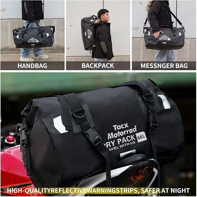 Waterproof Duffel Bag for Men/Women, Roll-top Dry Backpack Duffel Bag with Quick-fixed Straps, Motorcycle Tail Saddle Bag for Motorcycling, Rafting, Boating, Kayaking, Travel, 48L-Black