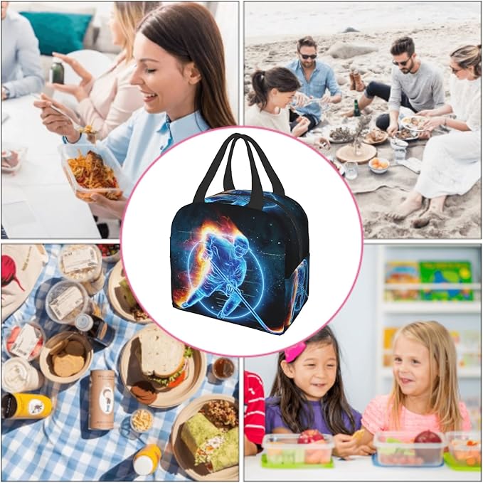 Giwawa Ice Hockey Lunch Bag for Kids Teens Red Fire Player Insulated Lunch Box with Front Pocket Reusable Thermal Cooler Lunch Tote Bag for Girls Boys School Students Men Women Picnic