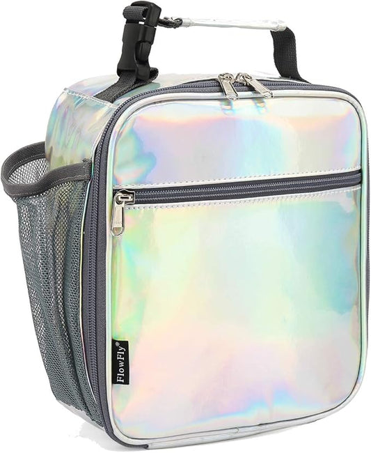 FlowFly Kids Lunch box Insulated Soft Bag Mini Cooler Back to School Thermal Meal Tote Kit for Girls, Boys(Holographic)