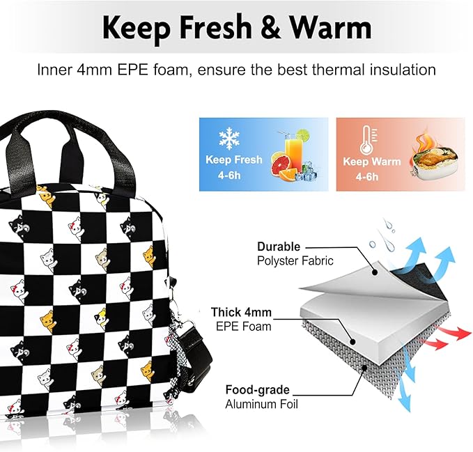Lunch box Kids,Insulated Cat Lunch Bag Cute Small Checkered Lunch Totebag Reusable Leakproof Lunch Bag With Shoulder Strap for Girls Boys Women School Work Picnic