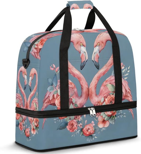 cfpolar Woman Travel Duffel Bag Heart Flamingo Flower Foldable Tote Carry On Luggage Sports Gym Bag With Shoe Compartment Overnight Weekend Yoga Workout Bag Training Handbag