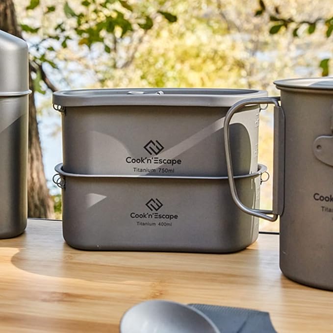 COOK'N'ESCAPE Titanium Camping Cooking Pot, Camping Cookware Set with Folding Handle,Compact Frying Pan Open Over Fire Cooking for Outdoor Backpacking Hiking Picnic