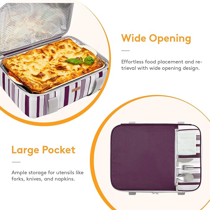 Insulated Casserole Carrier for Hot or Cold Food, Lasagna Lugger Tote for Potluck Parties/Picnic/Cookouts, Fits 9"×13" Baking Dish, Purple