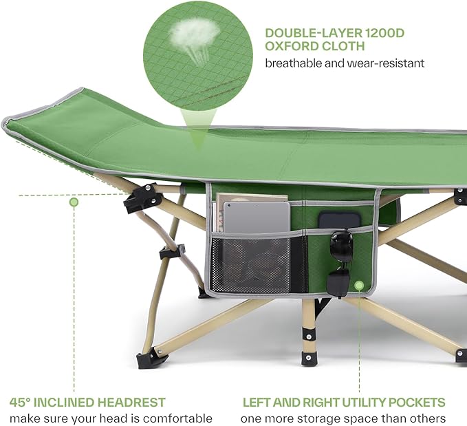 Sportneer Camping Cot: 1200D Double Layer Oxford Foldable Camping Cots for Adults - Heavy Duty Cots for Camping Travel Tent Day Outdoor & Home Guest, Camping Cots with Carry Bag & 2 Side Pockets