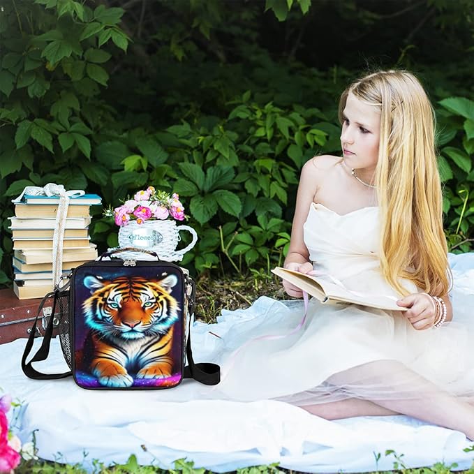 Galaxy Colorful Tiger Insulated Lunch Bag for Girls Boys Teen Cute Tiger Reusable Lunch Box with Shoulder Strap Freezable Thermal Cooler Bag Meal Prep Boxs for School Travel Picnic Beach Lunch Pail