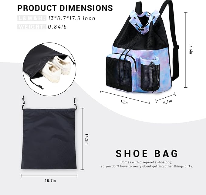 Lohol Large Mesh Drawstring Backpack with Shoe Bag, Durable Swimming String Sack with Handle for Sports Gym Yoga Beach Travel