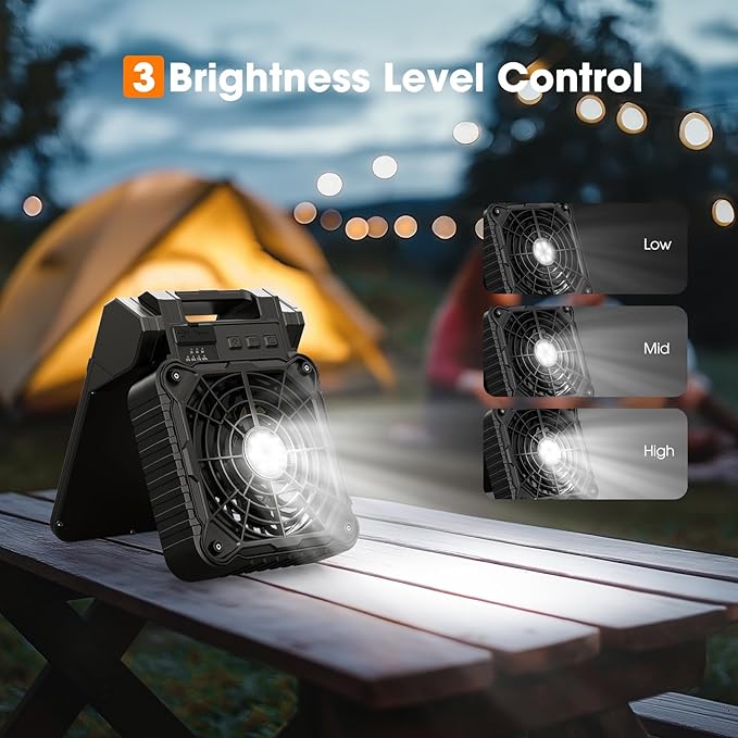 Solar Camping Fan with LED Lantern, 10400mAh 10W Solar Panel fan, Quiet Battery Operated Tent Fan for Picnic, Barbecue, Fishing, Travel