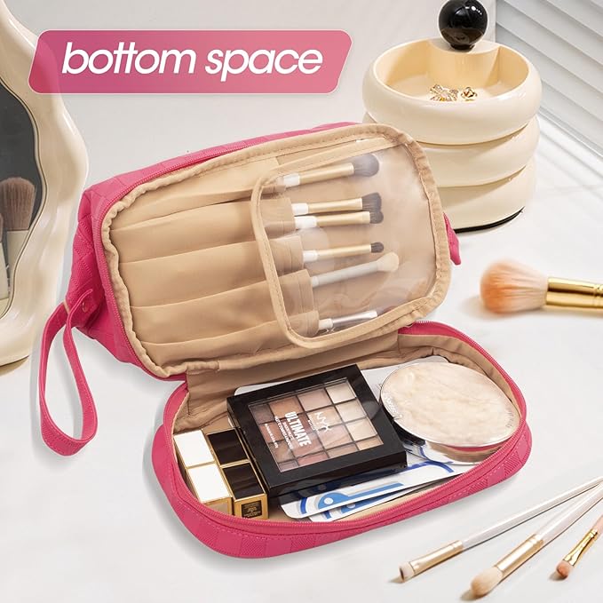 Abiudeng Large Capacity Makeup Bag Ladies Cosmetic Bag Travel Bag with Compartments Portable PU Leather Travel Makeup Bag with Handle