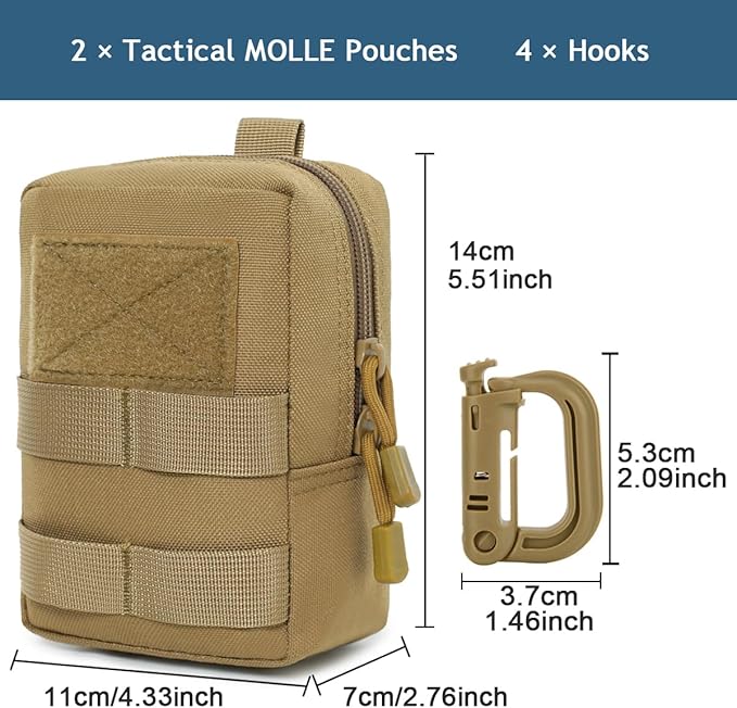 MUCHER 2 Pack Molle Pouches Tactical Pouches EDC Pouch Organizer Molle Bag Utility Pouch with 4 Carabiners for Outdoor Hiking Hunting Camping Training