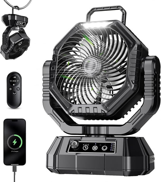Portable Fan Rechargeable, 20000mAh Battery Powered Fan, LED Light, Remote Controller, Dual-Blade, 90°/270° Swing, 1-3H Timer, Battery Operated fan For Travel Tent Camping Bedroom Office Beach Fishing