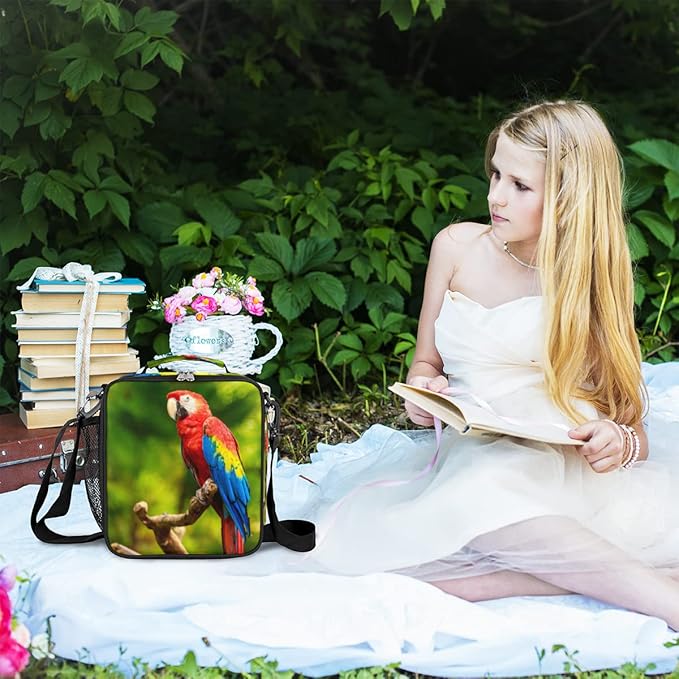 Parrot Lunch Bag, Tropical Bird Parrot Kids Lunch Box Reusable Insulated Lunch Bag for Boys Girls Back to School Thermal Cooler Lunch Tote Leakproof Lunch Box with Shoulder Strap for School Daycare