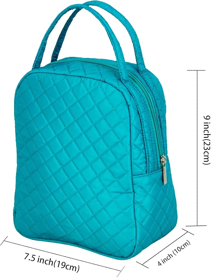 Machine Washable Women Quilted Fabric Insulated Reusable Cooler Lunch Bag Tote Adult Thermal Lunch Box Storage Bag for Ｗork (Blue)