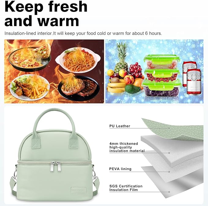 BALORAY Lunch Bag for Women Men, Double Deck Lunch Box for Adults, PU Leather Lunch Tote Bag Insulated Lunch Bags with Strap for Work Office Picnic