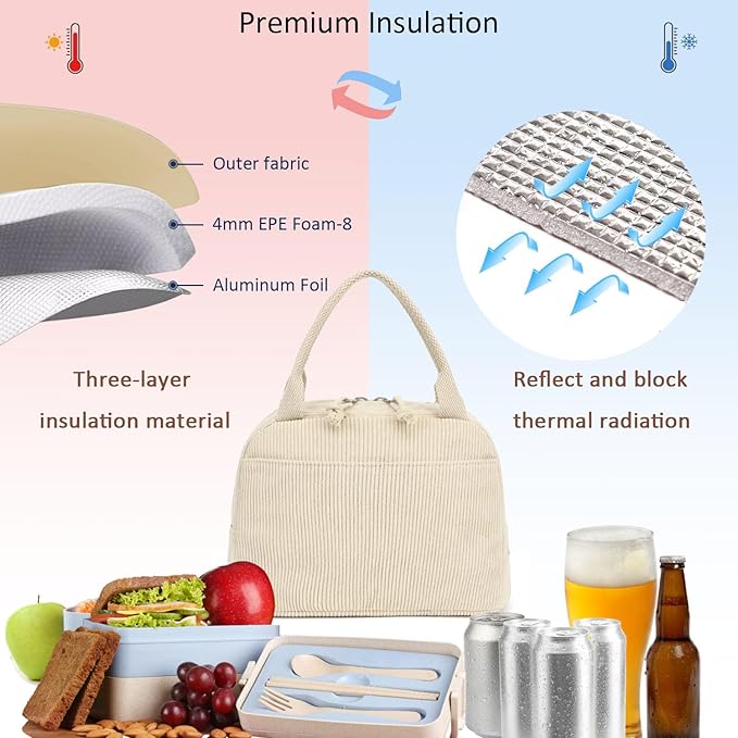 Corduroy Lunch Tote Bag, Pure Beige, Insulated Thermal Cooler, Portable and Large Capacity for Office, School, or Picnic, 8.5L