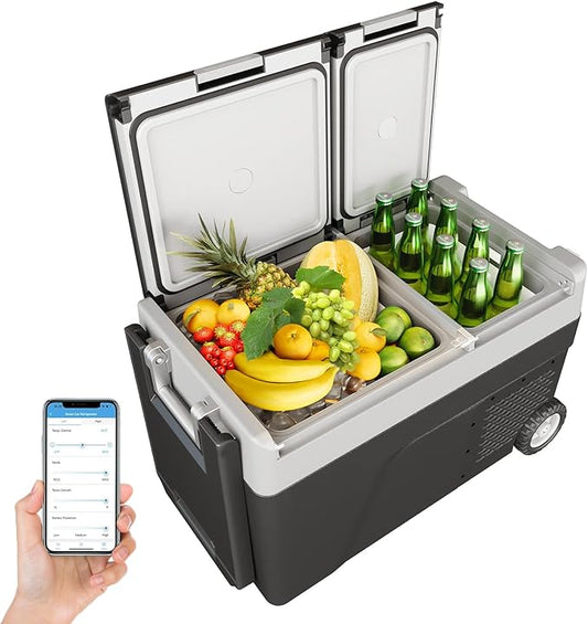 12 Volt Refrigerator, 40QT(38L) Car Efrigerator APP Control,Electric Cooler On Wheels -4℉~68℉, Portable Freezer 12/24V DC 110-240V AC, Camping Refrigerator, Travel, Boat