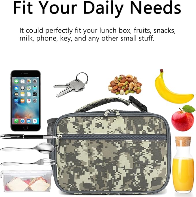 Insulated Lunch Box for School, Thermal Reusable Durable Freezable Lunch Bags for Kids Boys Girls Men Women - Small Soft Cooler Portable Lunch Tote Kit for Work Picnic Travel,Grey Camo
