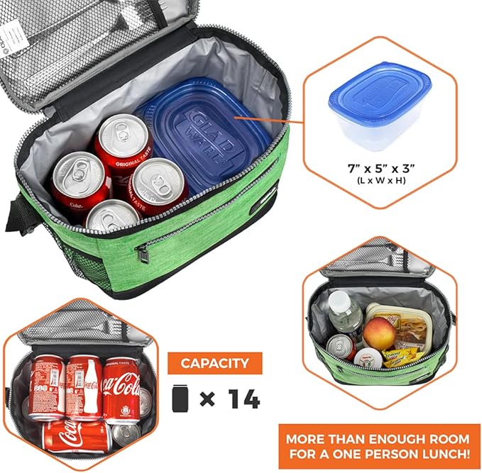 opux Insulated Lunch Box Men Women, Lunch Bag for Work School, Leakproof Soft Cooler Tote Adult, Large Lunch Pail Kids Boys Girls, Picnic Beach Food Bag with Shoulder Strap, Heather Green