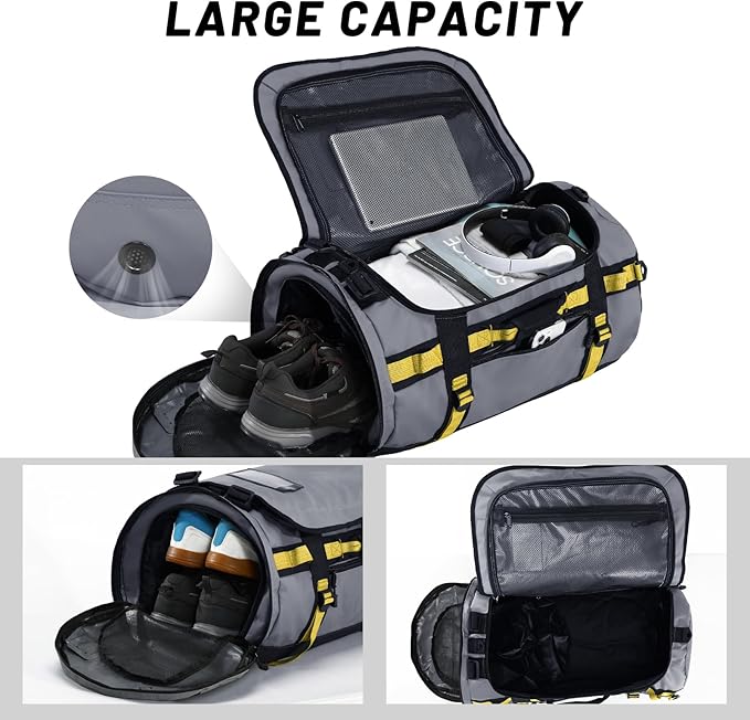 MIER Large Duffel Backpack Sports Gym Bag with Shoe Compartment, Heavy Duty and Water Resistant, Gray, 60L