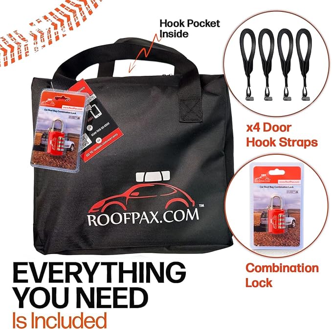 RoofPax Car Rooftop Cargo Carrier Bag Waterproof Storage - Including Double Zippers15 cft. with Heavy-Duty Tie-Down Straps fit Cars with/Without Roof Top Rack or Side Rails.