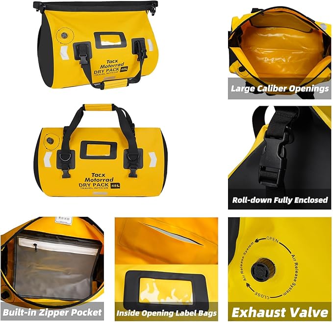 Waterproof Duffel Bag for Men/Women, Roll-top Dry Backpack Duffel Bag with Quick-fixed Straps, Motorcycle Tail Saddle Bag for Motorcycling, Rafting, Boating, Kayaking, Travel, 66L-Yellow