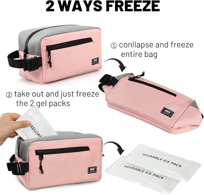 MIER Freezable Snack Bags Small Frozen Mini Cooler Lunch Bag Freezer Insulated Pouch for Kids Adults Work School Travel On-the-go, Pink/Grey