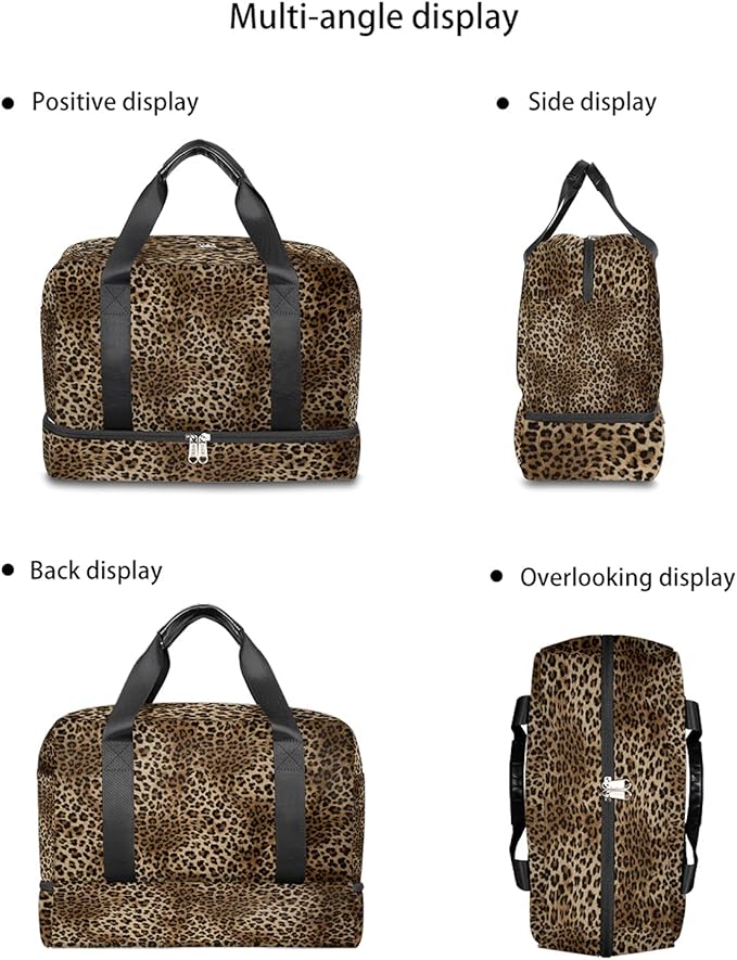 TropicalLife Leopard Print Waterproof Duffel Bag, Sports Tote Gym Bag, Animal Print Weekender Overnight Bag with Shoes Compartment for Men Women