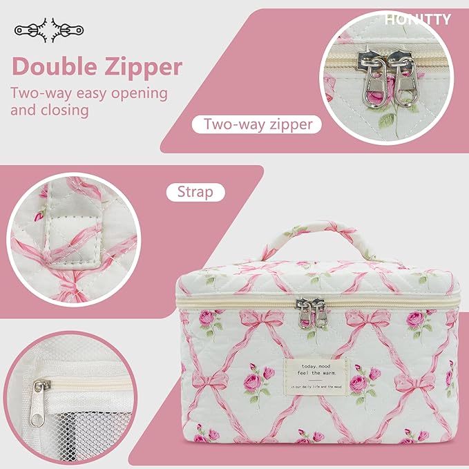 Makeup Bag,Quilted Cosmetic Bag,Large Floral Make Up Bag for Women,Cotton Makeup Bag Set,Flower Travel Toiletry Bag