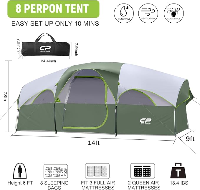 CAMPROS CP Tent 8 Person Camping Tents, Weather Resistant Family Tent, 5 Large Mesh Windows, Double Layer, Divided Curtain for Separated Room, Portable with Carry Bag