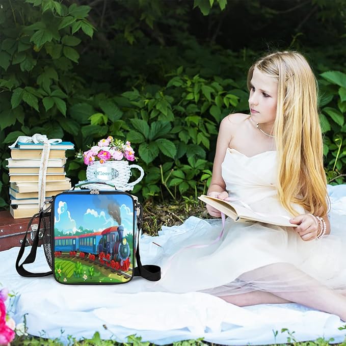 Steam Train Insulated Lunch Bag for Girls Boys Teen Colorful Locomotive Reusable Lunch Box with Shoulder Strap Freezable Thermal Cooler Bag